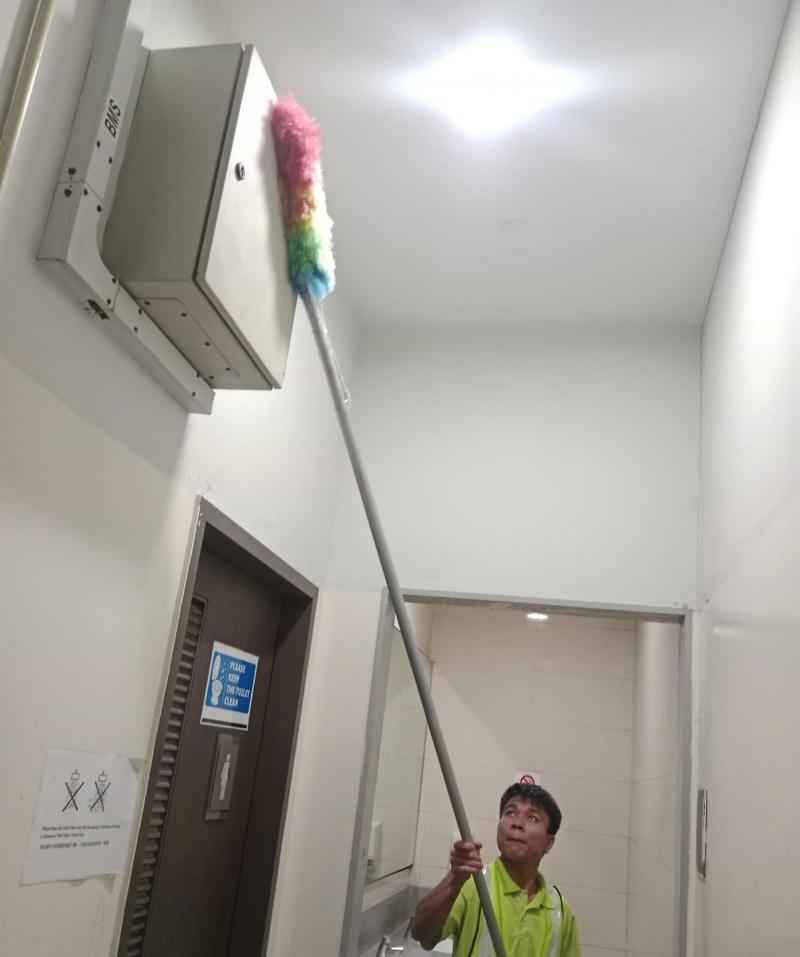 CleanLee cleaner high-dusting a ceiling-mounted fixture with an extendable duster