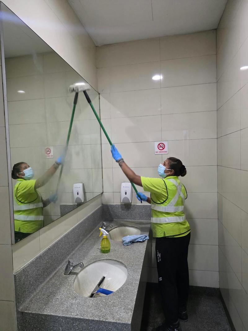Two CleanLee cleaners cleaning washroom mirrors and basins together
